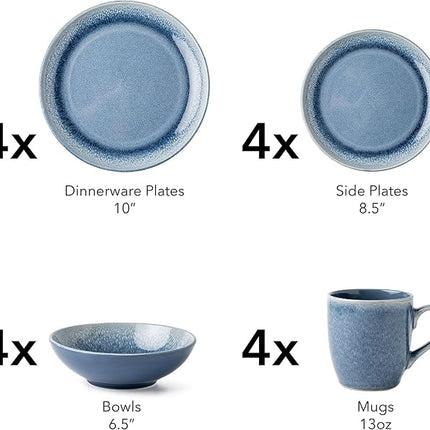 FAIT Round Stoneware 16pc Dinnerware Set for 4, Dinner Plates, Side Plates, Cereal Bowls, Mugs - Reactive Glaze Blue (463014)