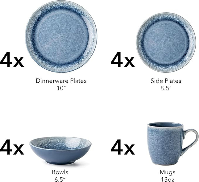 FAIT Round Stoneware 16pc Dinnerware Set for 4, Dinner Plates, Side Plates, Cereal Bowls, Mugs - Reactive Glaze Blue (463014)