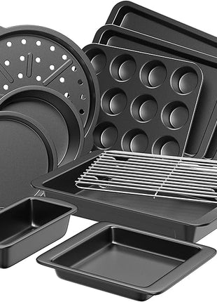 HONGBAKE Bakeware Sets, Baking Pans Set, Nonstick Oven Pan for Kitchen with Wider Grips, 10 Pieces Including Rack, Cookie Sheet, Cake Pans, Loaf Pan, Muffin Pan, Pizza Pan - Grey