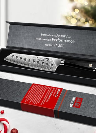 SHAN ZU Personalized Damascus Chef Knife 7 Inch, 67 Layers Damascus Steel 10Cr15CoMoV Sharp Kitchen Knife, Customized Gift for Father's Day, Mother's Day, Halloween, Christmas, Birthday, Wedding