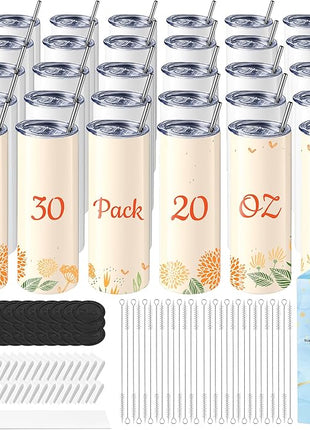 Hiipoo 30 Pack Sublimation Tumblers Blank 20 oz Straight Skinny with Sublimation Papers, Lids and Straws, Shrink Wrap Films, Stainless Steel Double Wall Insulated Tumbler for Mug Press Machine