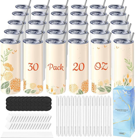 Hiipoo 30 Pack Sublimation Tumblers Blank 20 oz Straight Skinny with Sublimation Papers, Lids and Straws, Shrink Wrap Films, Stainless Steel Double Wall Insulated Tumbler for Mug Press Machine