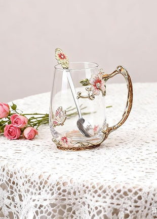 Handicraft Crystal Glass 3D Flower Cups Tea Mug With Tea Spoon Women Coffee, Tea, Juice, Beer, Milk Hot And Cold Drinks Use Gift Package. (Red-Tal)