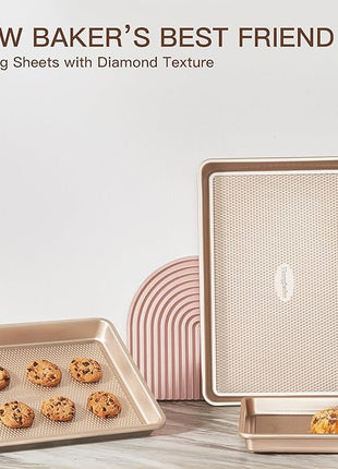 HONGBAKE Baking Sheet Pan Set of 3, Cookie Sheets for Oven, Nonstick Half/Quarter/Jelly Roll Pans with Diamond Texture Pattern, 0.8mm Thick Heavy Duty Cookie Tray, Champagne Gold