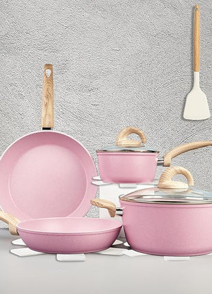 Non Stick Pots and Pans Set, Healthy Ceramic Cookware Set, 12pcs Kitchen Cooking Pots and Frying Sauce Saute Pans Set, PFAS-Free with Kitchen Utensils and Lid, Pink