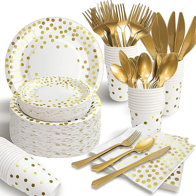 AIRE 175PCS White and Gold Paper Plates Party Supplies for 25 Guests Disposable Party Decorations Dinnerware Golden Dot Paper Plates Napkins Cups Gold Plastic Forks Knives Spoons for Wedding Birthday