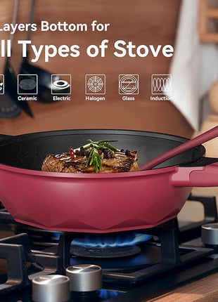 TIBORANG 8 in 1 Multipurpose 11 Inch 5 Quart Heat Indicator Nonstick Deep Frying Pan with Glass Lid,Stay-cool Handle,Steamed Grid,PFOA-Free,Dishwasher&Oven Safe,Works with All Stovetops(Ruby Red)