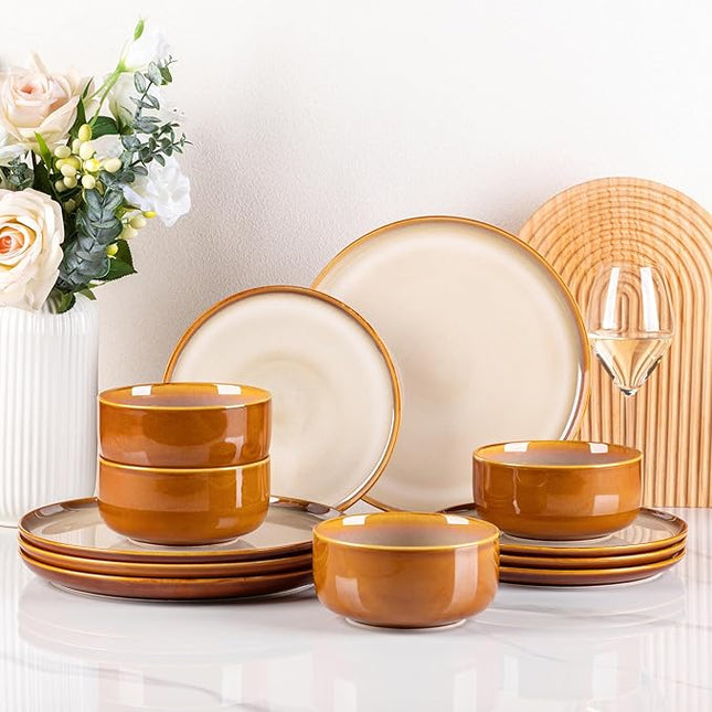 LeRatio Ceramic Dinnerware Sets for 4,Porcelain Plates and Bowls Sets, Reactive Glaze Dishes Set,Chip Resistant and Scratch Resistant | Oven&Dishwasher & Microwave Safe,Service for 4-Kahki &Black