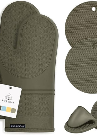 Rorecay 6pcs Oven Mitts and Pot Holders Sets for Kitchen, Extra Long Silicone Oven Gloves Heat Resistant 500 Degrees Non-Slip Potholders Hot Pads for Baking Cooking, Forest Night