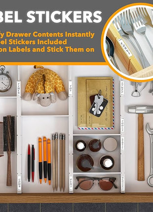 SpaceAid Bamboo Drawer Dividers with Inserts and Labels, Kitchen Adjustable Drawer Organizers, Expandable Organization for Home, Office, Dressers, 4 Dividers with 9 Inserts (17"-22" White)