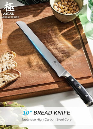 KYOKU 10" Serrated Bread Knife, Samurai Series Serrated Knife for Homemade Bread Pastries with Pakkawood Handle, Japanese High Carbon Steel Cake Knife, Full Tang Bread Cutting Knife with Sheath & Case