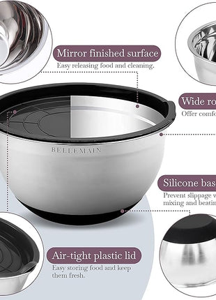 Bellemain Stainless Steel Non-Slip Mixing Bowls with Lids (5 Piece, Silver/Black)
