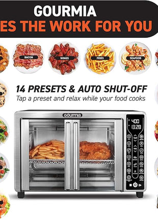Gourmia Toaster Oven Air Fryer Combo 17 cooking presets 1700W french door digital air fryer oven 24L capacity accessories, convection rack, baking pan tray recipe book GTF7655,Large,Stainless Steel
