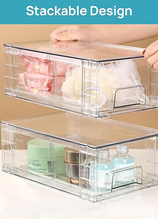 Vtopmart 4 Pack Stackable Storage Drawers,Clear Acrylic Drawer Organizers with Handles, Easily Assemble for Fridge, Bathroom,Kitchen Undersink,Cabinet,Pantry Organization and Storage