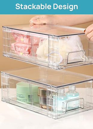 Vtopmart 6 Pack Stackable Storage Drawers,Clear Acrylic Drawer Organizers with Handles, Easily Assemble Containers for Fridge, Bathroom,Kitchen Undersink,Cabinet,Pantry Organization and Storage