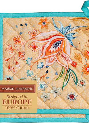 Maison d' Hermine Pot Holders Set 100% Cotton Heat Resistant Potholders 8" x 8" Hot Pads with Loop BBQ, Cooking, Grilling, Kitchen, Handling Hot Pans Spring/Summer (Pack of 2, Luxury Loft – Peach)