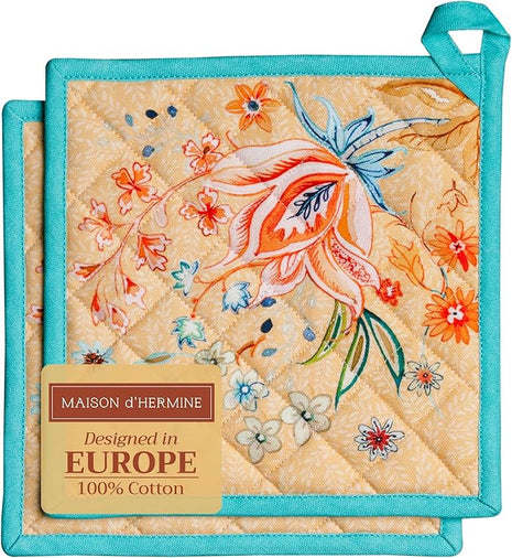 Maison d' Hermine Pot Holders Set 100% Cotton Heat Resistant Potholders 8" x 8" Hot Pads with Loop BBQ, Cooking, Grilling, Kitchen, Handling Hot Pans Spring/Summer (Pack of 2, Luxury Loft – Peach)