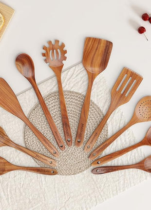 Wooden Spoons for Cooking, Wooden Utensils for Cooking Natural Teak Wooden Kitchen Utensils Set Comfort Grip (10 PCS SET)