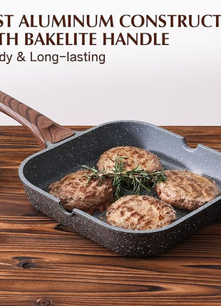 SENSARTE Nonstick Grill Pan for Stove Tops, Versatile Griddle with Pour Spouts, Square Big Cooking Surface, Durable Skillet Indoor & Outdoor Grilling. PFOA Free, 9.5 Inch