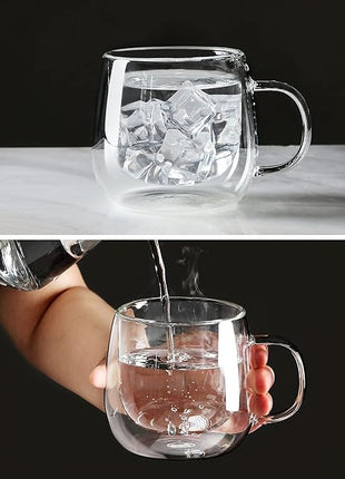 CNGLASS 10oz Double Walled Glass Coffee Mugs(2-pack),Clear Coffee Cups with Handle,Glass Espresso Mugs for Latte,Cappuccino,Tea