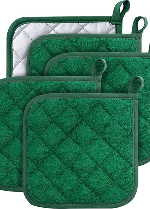 100% Cotton Kitchen Everyday Basic Terry Pot Holder Heat Resistant Coaster Potholder for Cooking and Baking Set of 5 Dark Green