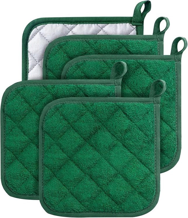 100% Cotton Kitchen Everyday Basic Terry Pot Holder Heat Resistant Coaster Potholder for Cooking and Baking Set of 5 Dark Green