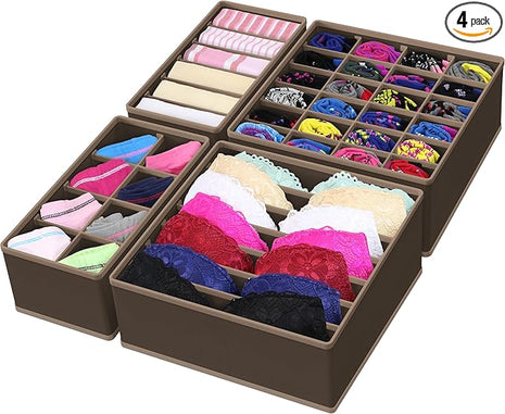 Simple Houseware 4-Pack Drawer Organizer Set - Closet Dividers for Underwear, Socks, Bras, Scarves, Ties - Foldable Non-Woven Storage Boxes, Brown