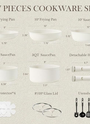 CAROTE 17pcs Pots and Pans Set, Nonstick Cookware Set Detachable Handle, Induction Kitchen Cookware Sets Non Stick with Removable Handle, RV Cookware Set, Oven Safe