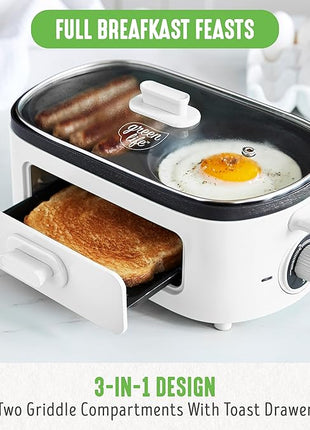 GreenLife 3-in-1 Breakfast Maker Station, Healthy Ceramic Nonstick Dual Griddles for Eggs Meat Sausage Bacon Pancakes and Breakfast Sandwiches, 2 Slice Toast Drawer, Easy-to-use Timer, White