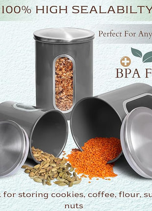 Moss & Stone 3-Piece Gray Canisters Sets For The Kitchen, Airtight Canister Set With See Through Window, Storage Jars for Coffee Container, Tea Organizer & Sugar Canister, Gray Kitchen Canisters