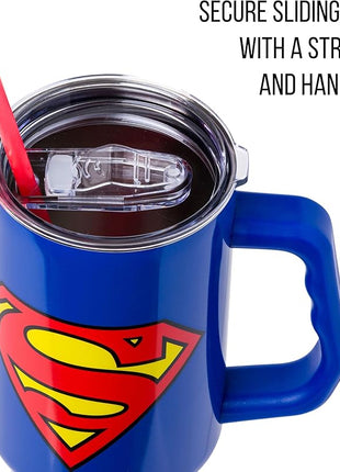 Silver Buffalo DC Comics Superman Logo Stainless Steel Tumbler with Handle and Straw, Fits in Standard Cup Holder, 40 Ounces