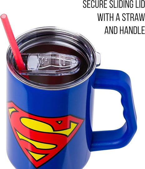 Silver Buffalo DC Comics Superman Logo Stainless Steel Tumbler with Handle and Straw, Fits in Standard Cup Holder, 40 Ounces