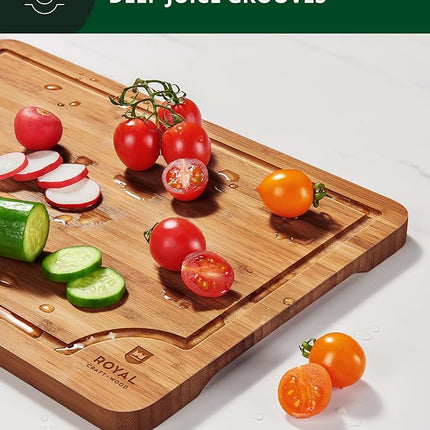 ROYAL CRAFT WOOD Wooden Cutting Boards for Kitchen Meal Prep & Serving - Bamboo Wood Serving Board Set with Deep Juice Groove Side Handles - Charcuterie & Chopping Butcher Block for Meat (3 Pcs)
