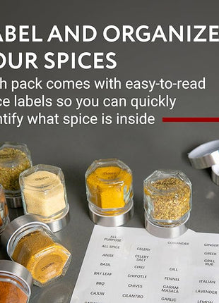 IMPRESA Hexagon Magnetic Spice Jars - Pack of 15-1.74 Oz Strong Magnetic Seasoning Containers - Space-Saving Honeycomb Spice Jars - Airtight Glass Storage Containers with Steel Lids