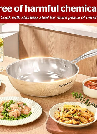 SUNHOUSE – 9.5 Inch / 24 cm Stainless Steel Frying Pan, Tri-Ply Stainless Steel Construction, PFOA-FREE, Stay-Cool Handle, Induction Compatible with All Cooktops, Dishwasher Safe