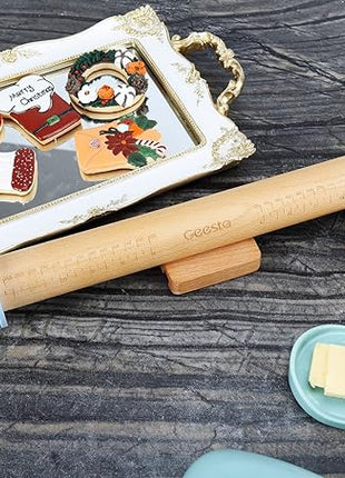 Geesta Adjustable Wood Rolling Pin with 5 Thickness Rings, Precise Dough Roller Handle Press Design with Measurement Guide for Baking Fondant, Pie Crust, Cookie, Pastry - Baking Essential