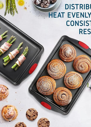 Baking Sheet Set, 3-Piece Cookie Sheet Set with Silicone Handles, Steel Baking Pans Set, Durable Baking Sheets for Oven, BPA Free Cookie Sheets for Baking Nonstick Set, Sheet Pan - Black Baking Pan