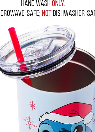 Silver Buffalo Disney Lilo and Stitch Christmas Holiday Santa Hat and Snowflakes Stainless Steel Tumbler with Handle and Straw, Fits in Standard Cup Holder, 40 Ounces
