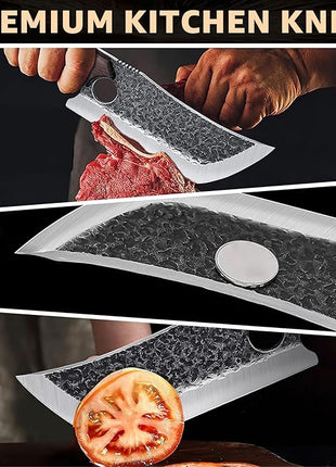 Hand Forged Meat Cleaver Knife Fathers Butcher Knives for Meat Cutting Full Tang Chef Knife with Belt Sheath and Gift Box High Carbon Steel for Kitchen or Camping, Gift for Dad