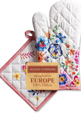 Maison d' Hermine 100% Cotton Oven Mitt & Pot Holder Set (7.5"x13" & 8"x8") Heat Resistant BBQ Cooking Gloves with Loop, Grilling, Kitchen, Handling Hot Pan Spring/Summer (Happy Florals - High Summer)