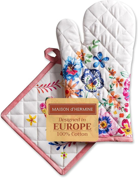Maison d' Hermine 100% Cotton Oven Mitt & Pot Holder Set (7.5"x13" & 8"x8") Heat Resistant BBQ Cooking Gloves with Loop, Grilling, Kitchen, Handling Hot Pan Spring/Summer (Happy Florals - High Summer)