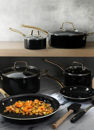 MARTHA STEWART 14 Piece Non-Stick Cookware Combo Set - Black w/Gold Handles
