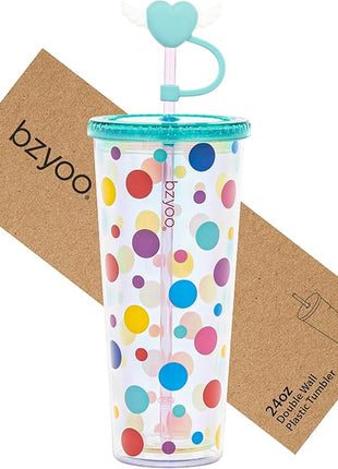 bzyoo 24 oz SIP Tumbler with Heart-Shaped w/Wing Straw Cap Cover– Cute DotDot Design Iridescent Tumbler, BPA-Free Cup with Lid and Straw, Perfect for Iced Coffee, Tea, Party and Gift