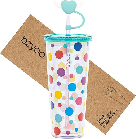 bzyoo 24 oz SIP Tumbler with Heart-Shaped w/Wing Straw Cap Cover– Cute DotDot Design Iridescent Tumbler, BPA-Free Cup with Lid and Straw, Perfect for Iced Coffee, Tea, Party and Gift