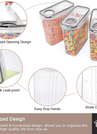 PRAKI 5PCS Cereal Containers Storage Set, BPA Free Airtight Food Storage Container Set with Lids, Kitchen Pantry Organization and Storage for Sugar, Baking Supplies with 20 Labels & Mark(4L Black)