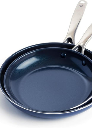 Blue Diamond 9.5” & 11" Nonstick Frying Pan Skillet Set, Diamond Infused PFAS & PTFE-Free Ceramic Pots & Pans, Dishwasher & Oven Safe, Stay Cool Handles, Durable Non Toxic Metal Utensil Safe, Blue