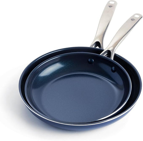 Blue Diamond 9.5” & 11" Nonstick Frying Pan Skillet Set, Diamond Infused PFAS & PTFE-Free Ceramic Pots & Pans, Dishwasher & Oven Safe, Stay Cool Handles, Durable Non Toxic Metal Utensil Safe, Blue