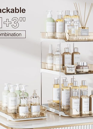 Delamu 2-Tier Multi-Purpose Bathroom Under Sink Organizers and Storage, Stackable Kitchen Pantry Organization, Pull Out Medicine Cabinet Organizer with Movable Dividers, Amber, 2 Pack