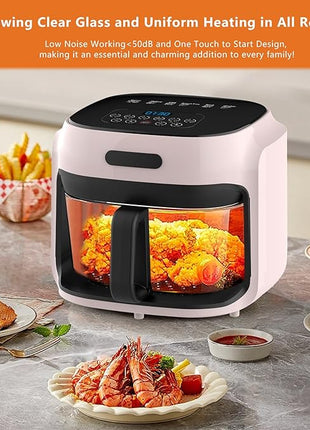 Glass Air Fryer, 7.6QT with Transparent Fry Bowl, Circulating Heating, Temperature Control, Air Fryer Roast, Dishwasher Safe (Pink)