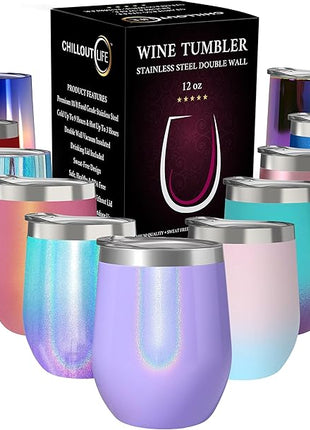 CHILLOUT LIFE 12 oz Stainless Steel Wine Tumbler with Lid - Double Wall Vacuum Insulated Wine Cup Glass Keeping Cold & Hot for Coffee, Champagne, Cocktails, Ice Cream - Purple Sparkle